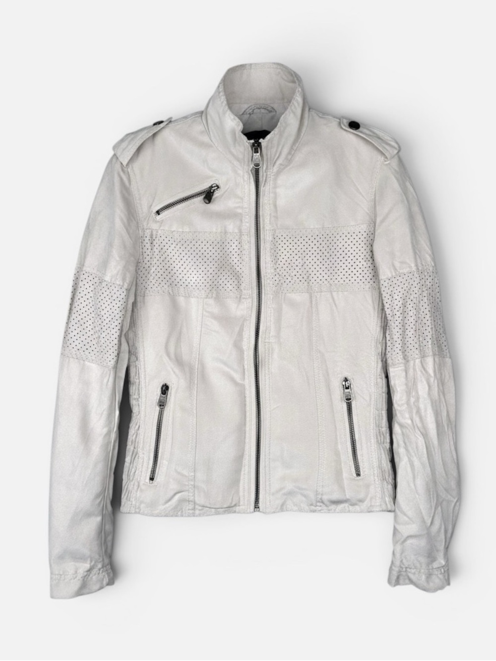 VTG Ellus Perforated Moto Jacket S Off White Crinkled Vegan Suede Casual Y2K